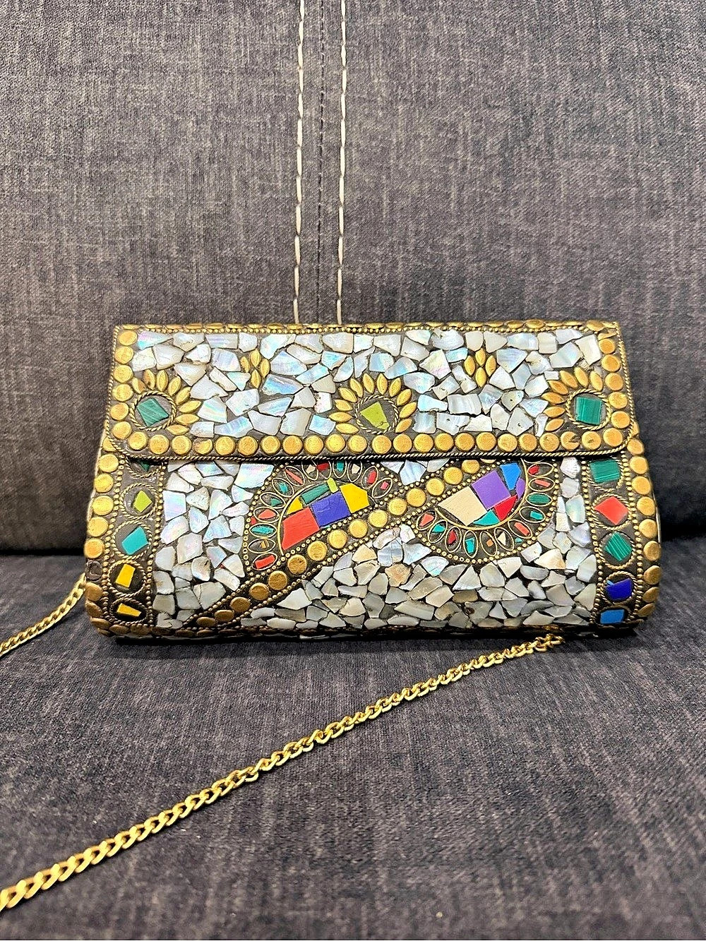 Metal Mosaic Evening Clutch in White & Gold